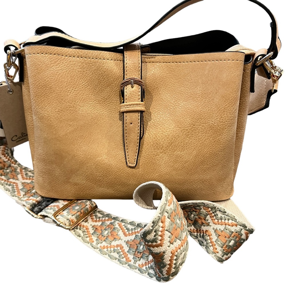 Tan Distressed Vegan Leather Guitar Strap Handbag Crossbody NWT